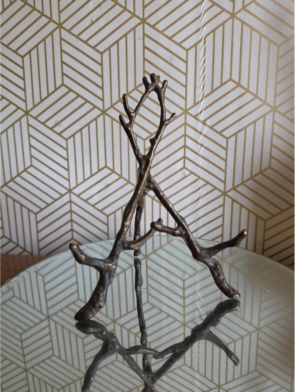 Small Brass Rustic Branch Easel Picture Stand Plate Stand Country Cottage Decor